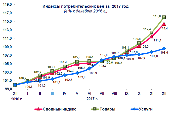 В 2017 году инфляция в потребительском секторе составила 14,4 %